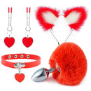 Kit Sensual – Rabo de Coelho com Tiara de Orelhas, Grampos de Metal para Seios e Gargantilha