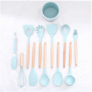 Jogo de Utensílios de Cozinha 11 Peças em Silicone com Cabo de Madeira + Copo Suporte