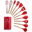 Jogo de Utensílios de Cozinha 11 Peças em Silicone com Cabo de Madeira + Copo Suporte
