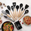 Jogo de Utensílios de Cozinha 11 Peças em Silicone com Cabo de Madeira + Copo Suporte