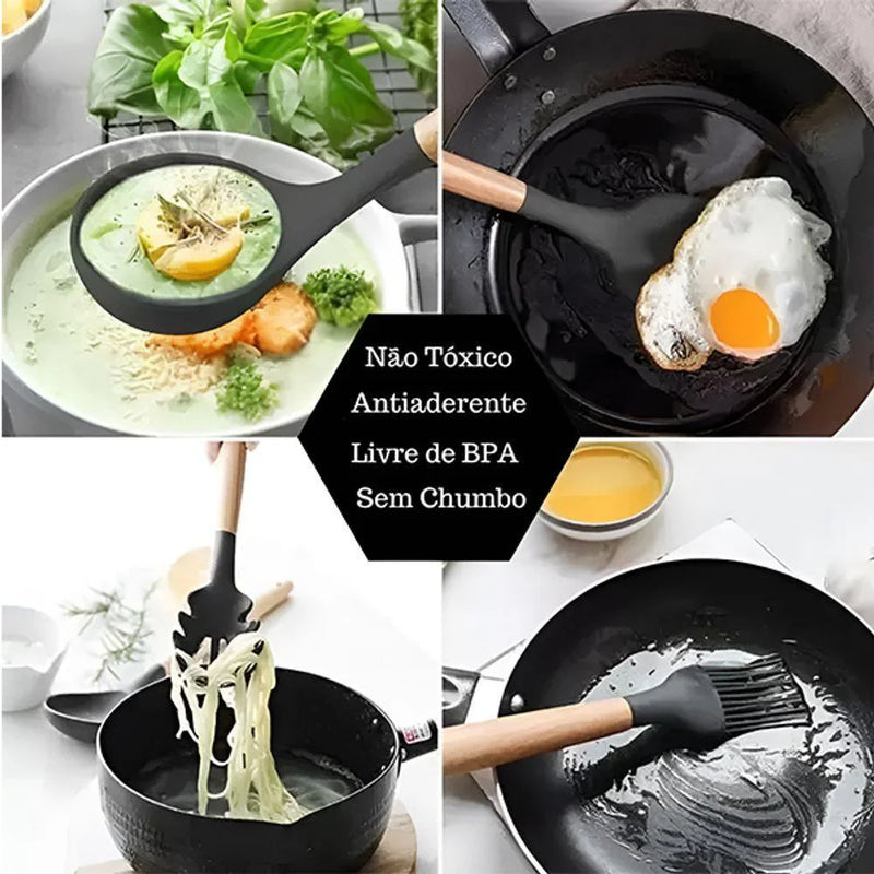 Jogo de Utensílios de Cozinha 11 Peças em Silicone com Cabo de Madeira + Copo Suporte