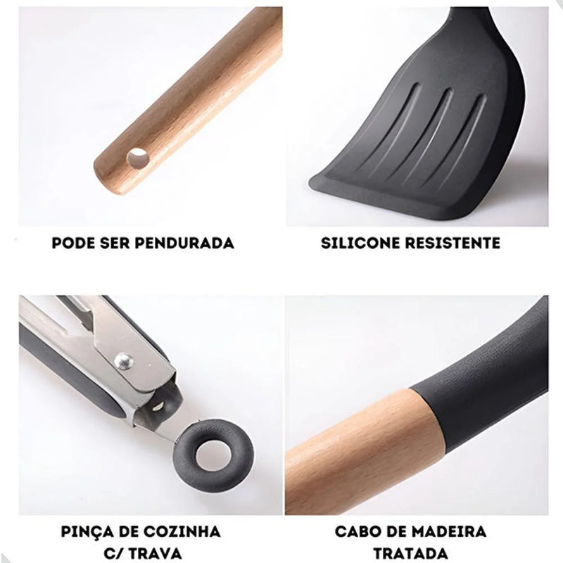 Jogo de Utensílios de Cozinha 11 Peças em Silicone com Cabo de Madeira + Copo Suporte