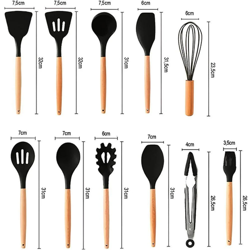 Jogo de Utensílios de Cozinha 11 Peças em Silicone com Cabo de Madeira + Copo Suporte