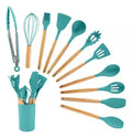 Jogo de Utensílios de Cozinha 11 Peças em Silicone com Cabo de Madeira + Copo Suporte