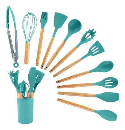 Jogo de Utensílios de Cozinha 11 Peças em Silicone com Cabo de Madeira + Copo Suporte