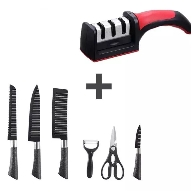 Kit 6 Facas de Churrasco Profissionais Antiaderentes + Amolador