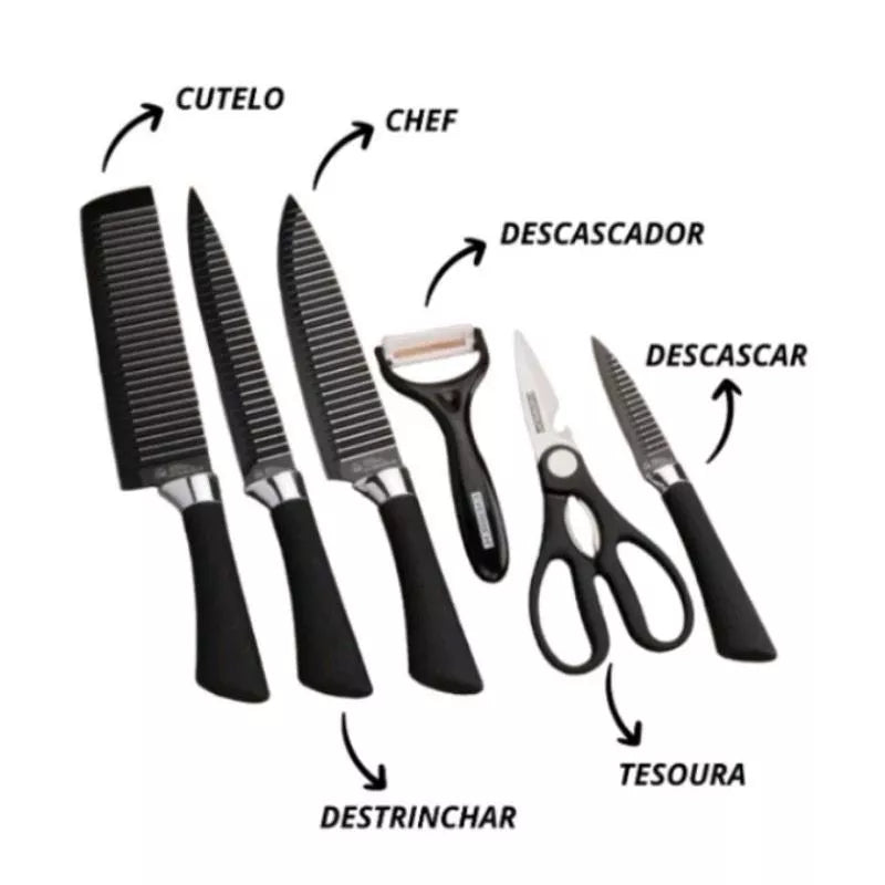 Kit 6 Facas de Churrasco Profissionais Antiaderentes + Amolador