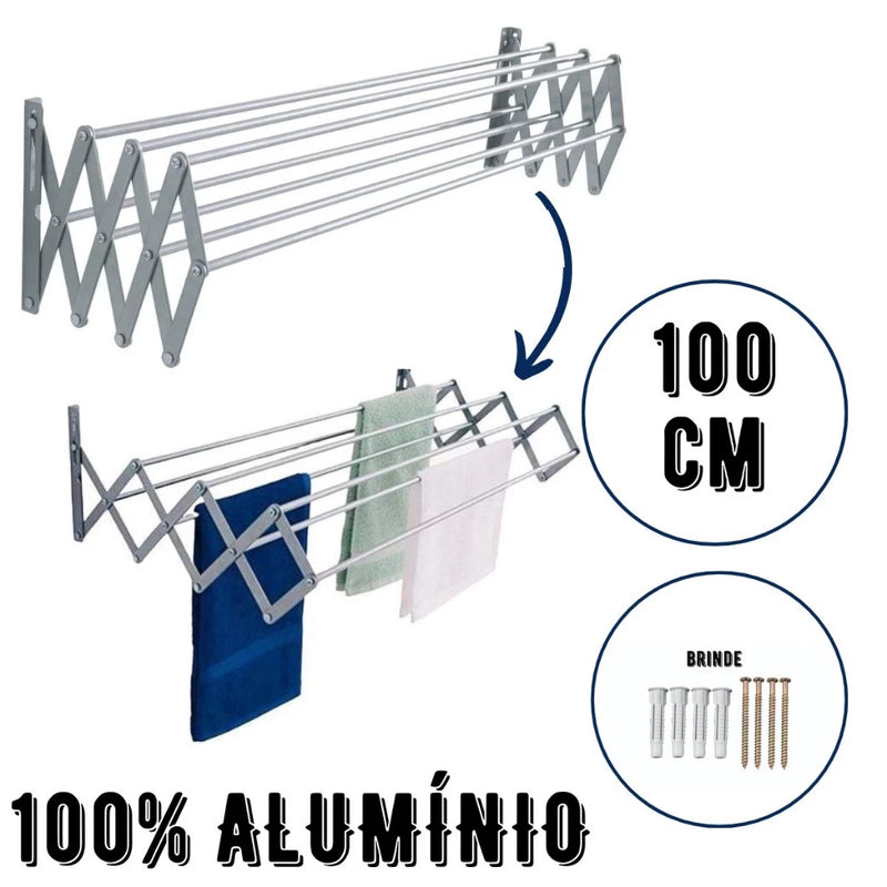 Varal de Parede Sanfonado Dobrável em Alumínio – 50cm a 100cm, Compacto e Resistente