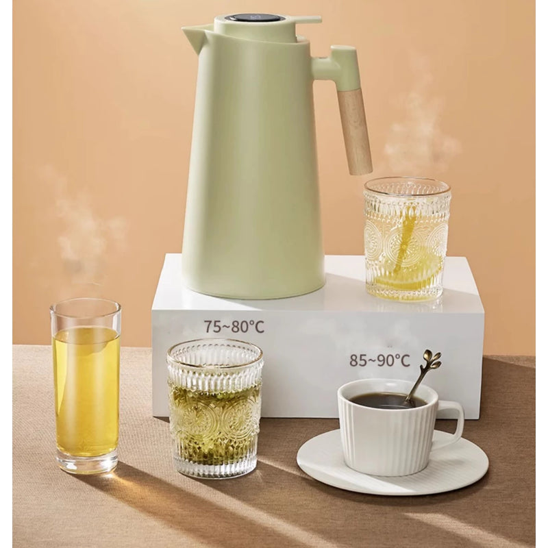 Garrafa Térmica 1L com Termômetro LED – Café e Chá, Design Moderno, Cabo de Madeira
