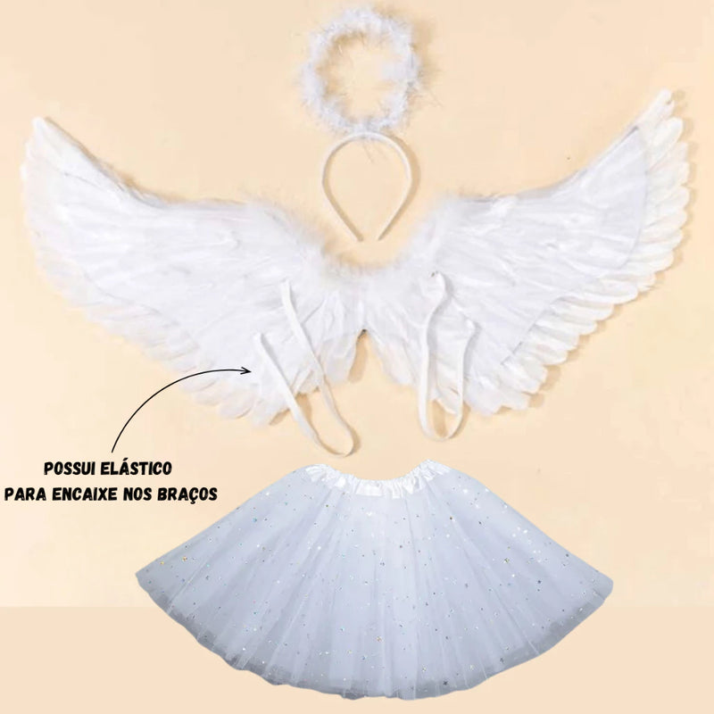Kit Fantasia de Anjo – Asa, Tiara e Saia para Halloween, Carnaval e Festas