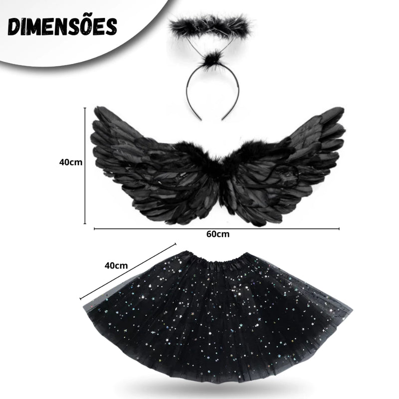 Kit Fantasia de Anjo – Asa, Tiara e Saia para Halloween, Carnaval e Festas