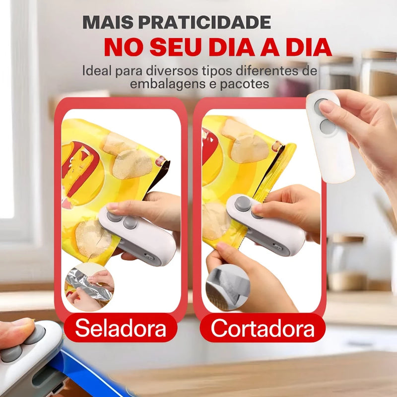 Mini Seladora de Sacos Plásticos 2 em 1 – Portátil, Elétrica e Recarregável via USB