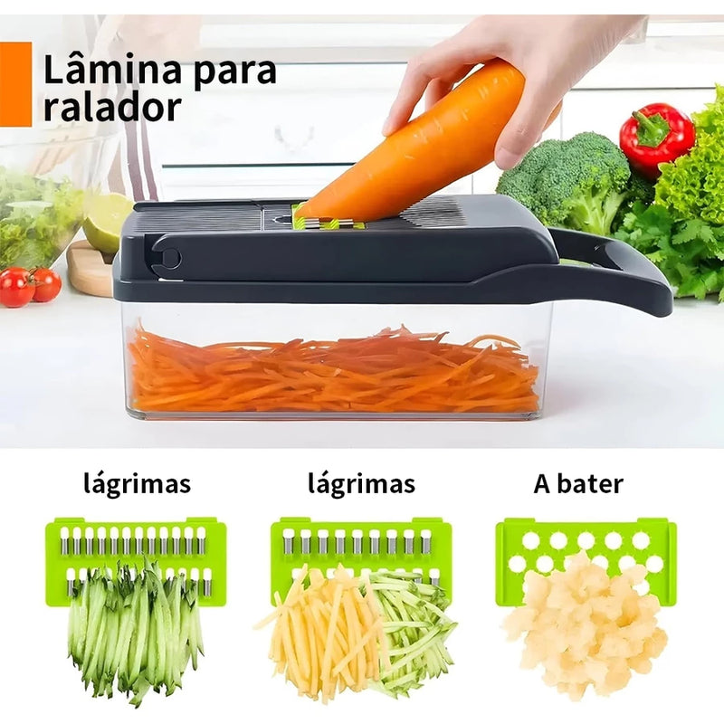 Fatiador e Ralador Profissional 16 em 1 em Aço Inox – Cortador Multiuso de Legumes, Verduras, Frutas e Alimentos