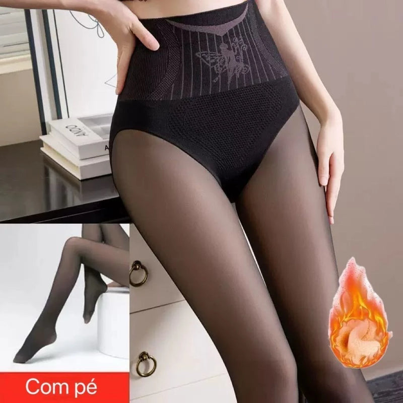 Kit Meia-Calça Transparente Preta com Forro Térmico de Pelúcia
