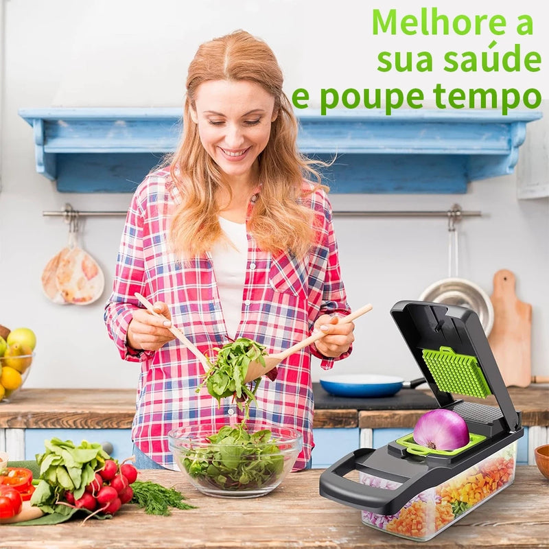 Fatiador e Ralador Profissional 16 em 1 em Aço Inox – Cortador Multiuso de Legumes, Verduras, Frutas e Alimentos