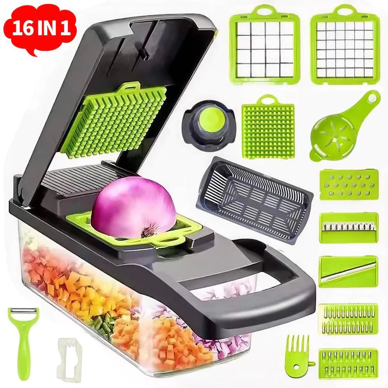 Fatiador e Ralador Profissional 16 em 1 em Aço Inox – Cortador Multiuso de Legumes, Verduras, Frutas e Alimentos