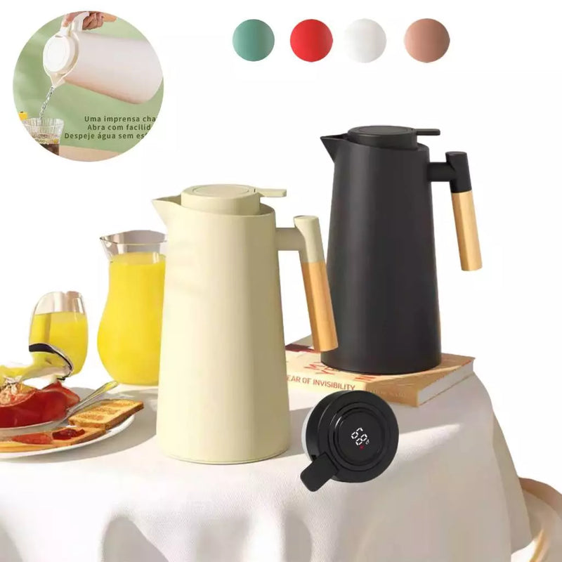 Garrafa Térmica 1L com Termômetro LED – Café e Chá, Design Moderno, Cabo de Madeira