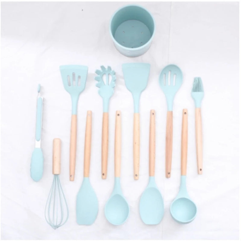 Jogo de Utensílios de Cozinha 11 Peças em Silicone com Cabo de Madeira + Copo Suporte