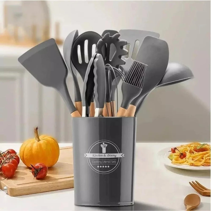 Jogo de Utensílios de Cozinha 11 Peças em Silicone com Cabo de Madeira + Copo Suporte