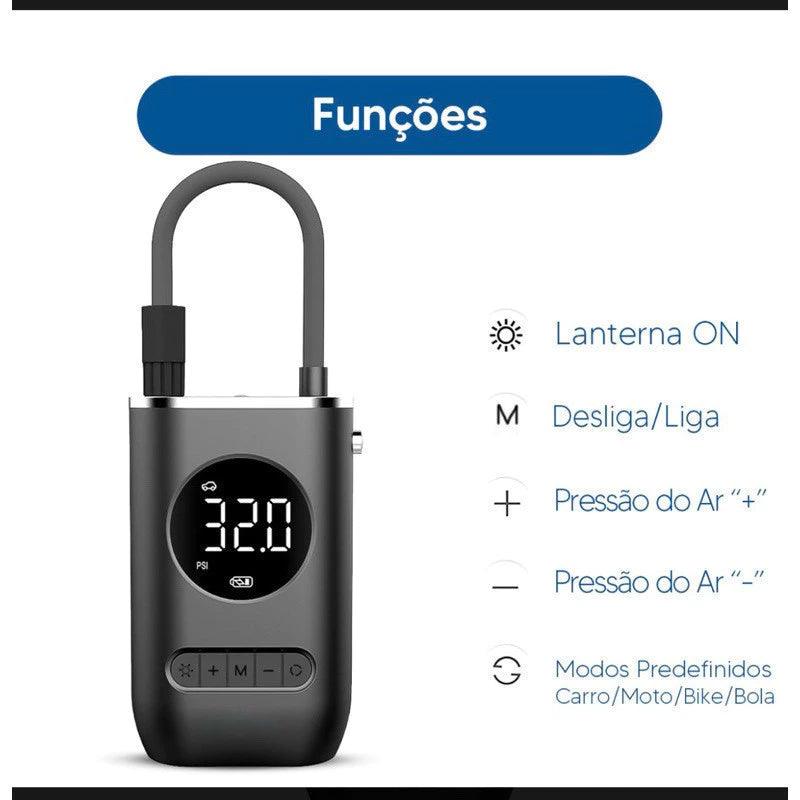 Compressor de Ar Portátil Digital Elétrico Ncher – Para Carro, Moto, Bike, Bola e Piscina Inflável