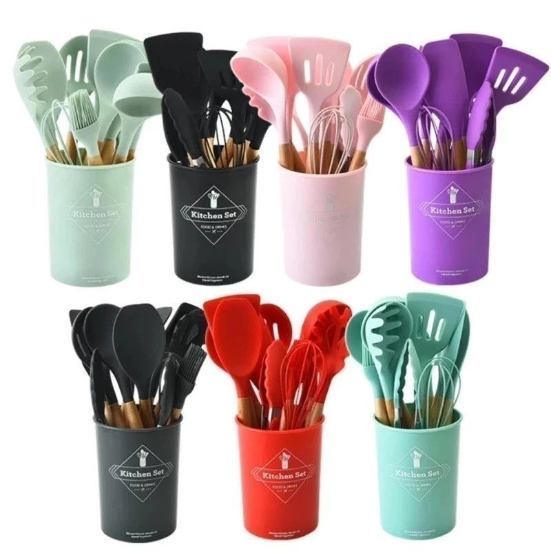 Jogo de Utensílios de Cozinha 11 Peças em Silicone com Cabo de Madeira + Copo Suporte