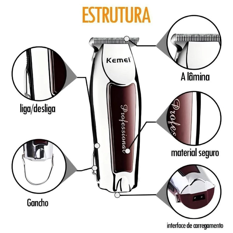 Aparador de Pelos Kemei KM-032 – Máquina de Acabamento Profissional Prateada Bivolt
