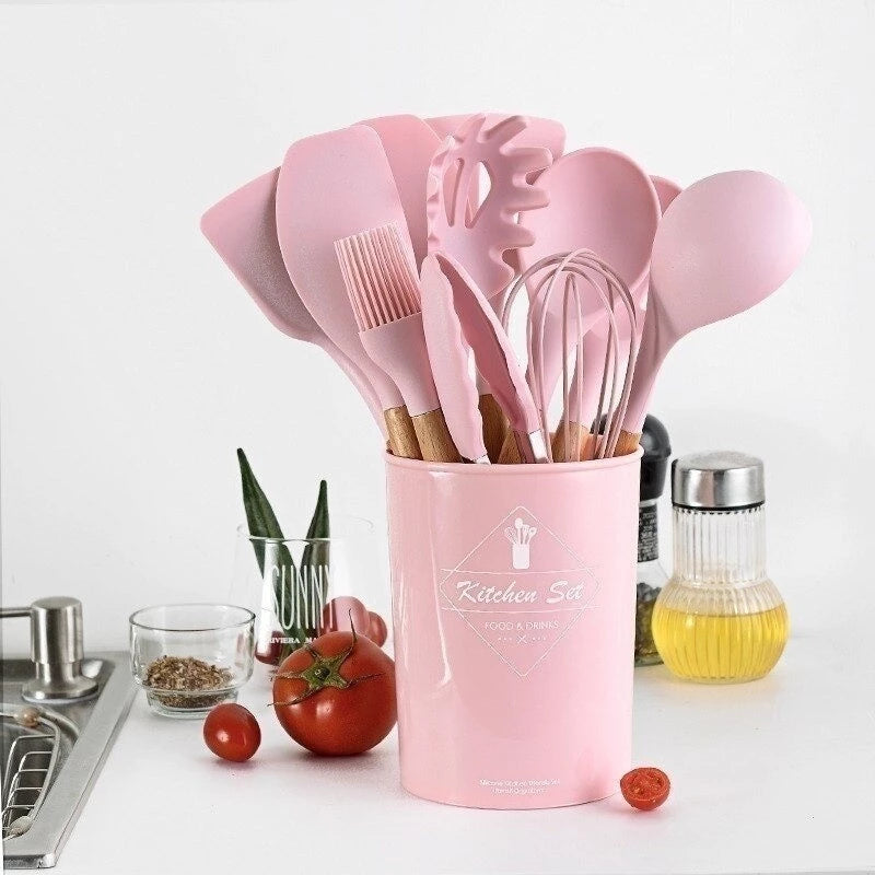 Jogo de Utensílios de Cozinha 11 Peças em Silicone com Cabo de Madeira + Copo Suporte