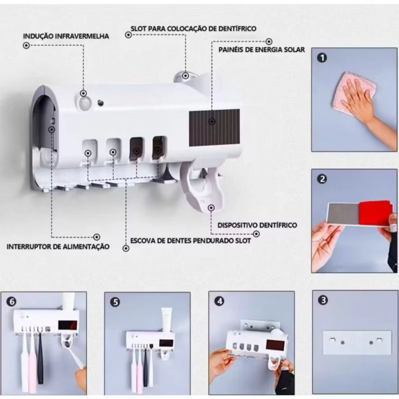 Porta Escova de Dentes com Esterilizador UV e Dispenser de Creme Dental – Suporte Organizador de Escovas