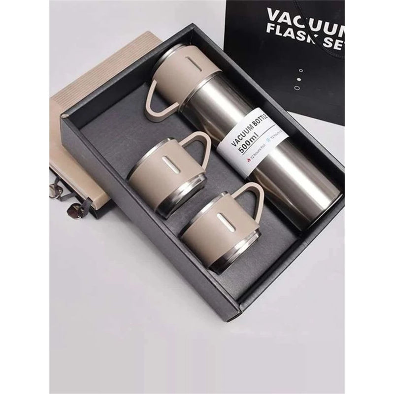Kit Garrafa Térmica Inox 500ml + 3 Xícaras – Bebidas Quentes ou Frias