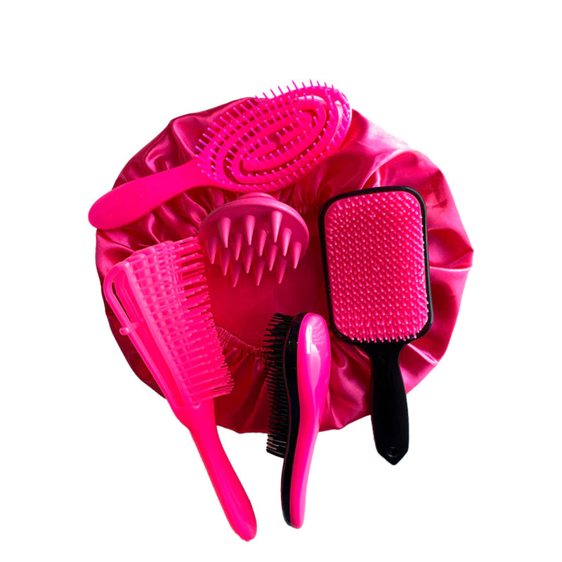 Kit Completo 5 Escovas de Cabelo Diversas + Touca de Cetim Antifrizz