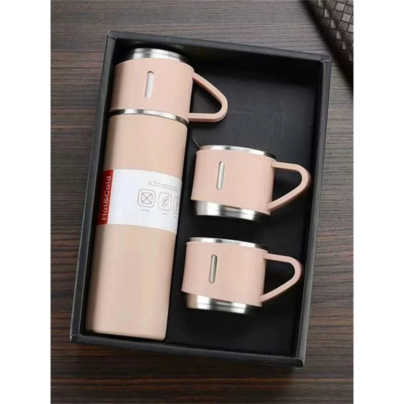 Kit Garrafa Térmica Inox 500ml + 3 Xícaras – Bebidas Quentes ou Frias