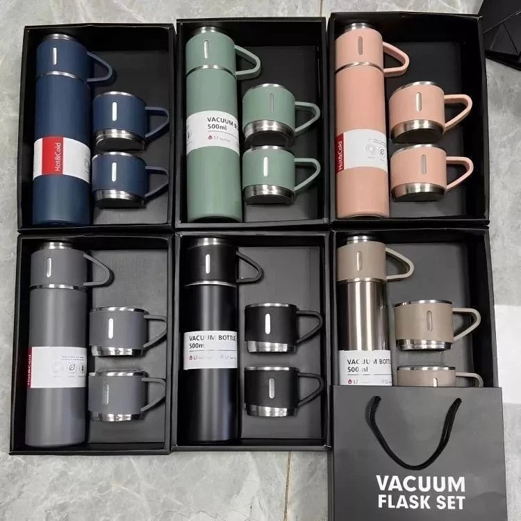 Kit Garrafa Térmica Inox 500ml + 3 Xícaras – Bebidas Quentes ou Frias