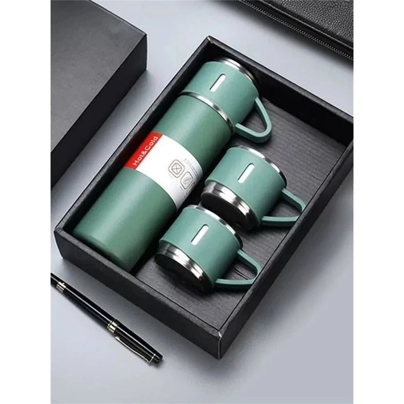 Kit Garrafa Térmica Inox 500ml + 3 Xícaras – Bebidas Quentes ou Frias
